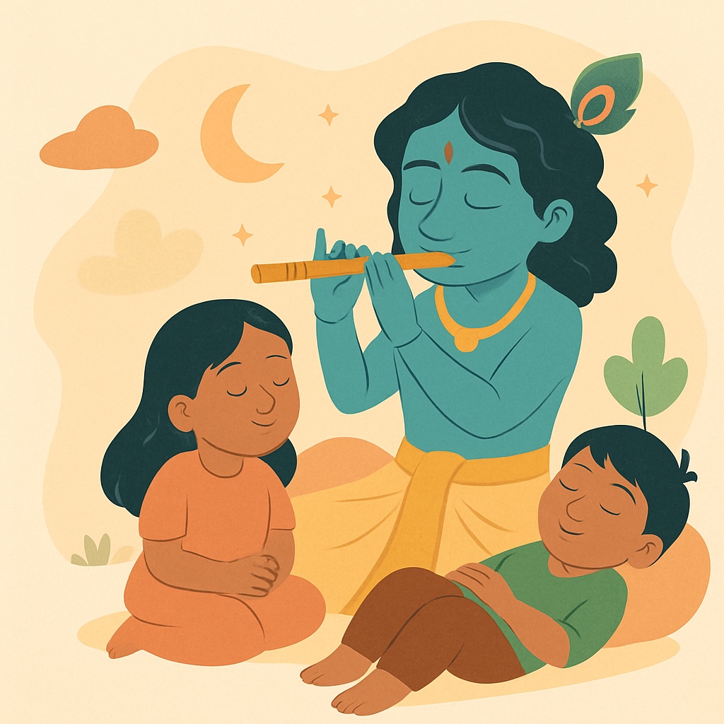 Krishna playing flute with children listening peacefully in a beautiful Indian setting